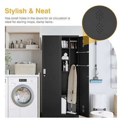 STANI 71" H Broom Closet Storage Cabinet Metal Cleaning Tool Cabinet Utility Closet Cleaning Supplies with Locking Door Broom Rack Shelf for Broom mops Garage Storage Black