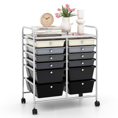 LDAILY 12 Drawer Rolling Storage Cart, Craft Cart Organizer on Wheels w/Metal Frame, Large Capacity & Smooth Drawer, Rolling Cart w/Drawers for Classroom, Office - color: Gradient Gray, size: 12 Drawer
