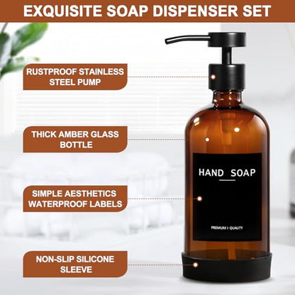 RYTOXILO Hand Soap Dispenser for Bathroom 2 Pack, Amber Glass Soap Dispenser with Stainless Steel Pump, 16.9 Fl oz Hand and Dish Soap Dispensers Set Kitchen, Modern Brown Soap Lotion Dispensers Bottle - color: Amber, size: 2 Pack