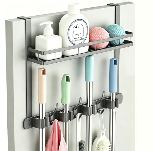 Over the Door Heavy Duty Metal Broom & Mop Holder, No-Drill Cleaning Supply Organizer with 4 Grips, 3 Hooks & 1 Storage Basket for Laundry Room & Garage - color: grey