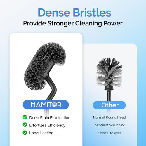 HAMITOR Toilet Brush and Holder Set: Stainless Steel Heavy Duty Bowl Cleaner Brush - Deep Cleaning Under Rim Curved Bristle - Space Saving Wall-Mounted for Home RV Bathroom Accessories Black 1 Pack - color: Black