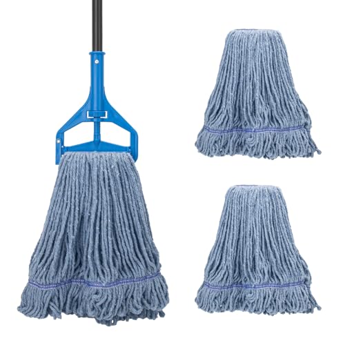 Commercial Industrial Mop with 3 Extra Large Reusable Replacement Head,59" Long Handle Heavy Duty Wet Mops,Looped-End String Cotton Mop for Floor Cleaning,House,Kitchen,Office,Garage,Tile(Blue) - size: Blue Handle + 3 Mop Head