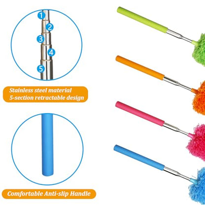 4 Pack Microfiber Feather Duster, with Extendable Pole and Bendable Head, Washable Microfibre Cleaning Tool for Cleaning Office, Car, Computer, Furniture, Sofa, Photo Frame