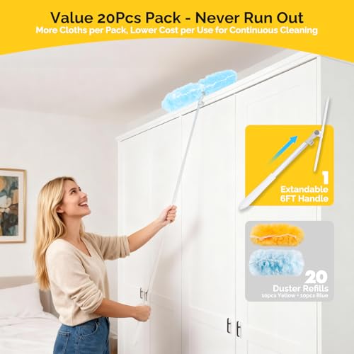 6 FT Extendable Duster Handle with 20 Pcs Refills, Heavy Duty Starter Kit Compatible with Swiffer, Disposable Microfiber Dusting Pads for Ceiling, Fan, Window & Hard to Reach Areas Cleaning