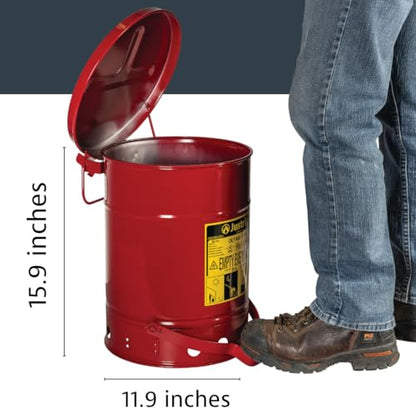 Justrite 6 Gallon Galvanized Steel Oily Waste Can, 16" x 12" Metal Oil Rag Safety Can With Foot Operated Self-Closing Lid for Oil Rag Disposal, Made in the USA, Red, 09100 - color: Red, size: 6 Gallon, style: Foot-Operated Lid