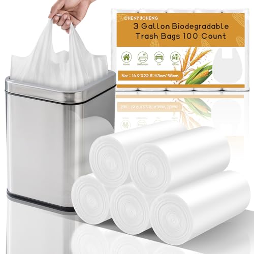 3 Gallon White Trash Bag With-Handles - Small Garbage Bags For Bathroom Can Unscented 100 Count Compostable Biodegradable Mini Tiny Waste Basket Liners For Kitchen Office Car Chenyucheng - style: 3 gallon White 100