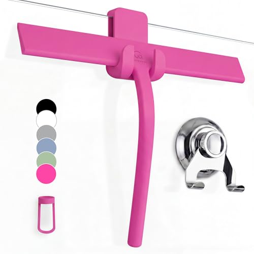 GÜTEWERK Silicone Shower Squeegee for Glass Doors & Mirrors with Stainless Steel Core, Streak-Free & No-Squeak Window Cleaning, 3-in-1 No-Drill Mount (Hook/Suction/Adhesive),Pink, 11 Inches - color: Pink, size: 11 Inches