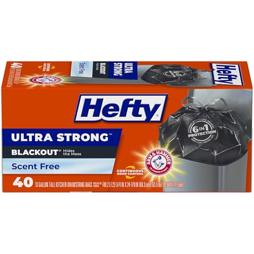 Hefty Ultra Strong 13 Gallon Trash Bags,Black Tall Kitchen Trash Bags 13 Gallon Size,Break Resistant Drawstring Enclosure,Continuous Odor Control,Blackout,Unscented,40-Bags,(Pack of 6) - size: 40 Count (Pack of 6)