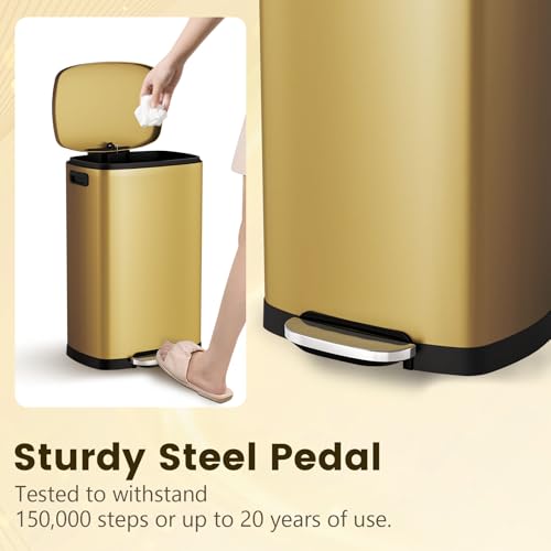 ELPHECO Kitchen Trash Can with Lid Soft Close, 13 Gallon / 50L Stainless Steel Pedal Garbage Can, Heavy-Duty Step Wastebasket with 20 Bags, Removable Bucket, Home Office, Kitchen, Titanium Gold - color: Titanium Gold