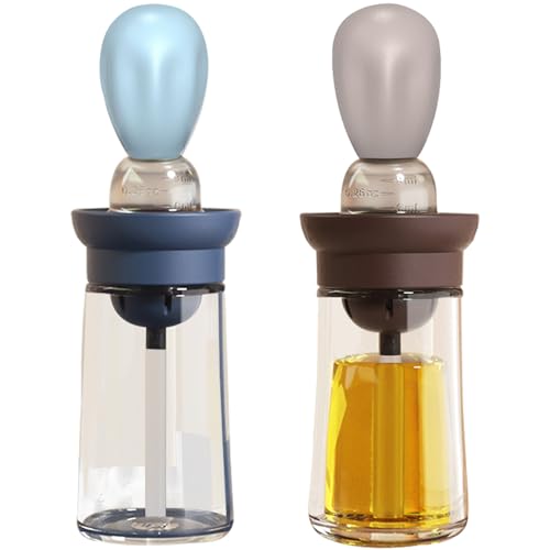 Oil Dispenser with Brush - 2 Pack Glass 2 IN 1 Olive Oil Dispensing Bottle with Basting Brush for Cooking Frying Baking Kitchen, 180ml, T-OB21 Blue+Grey - color: Grey+Blue