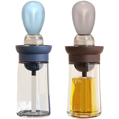 Oil Dispenser with Brush - 2 Pack Glass 2 IN 1 Olive Oil Dispensing Bottle with Basting Brush for Cooking Frying Baking Kitchen, 180ml, T-OB21 Blue+Grey - color: Grey+Blue