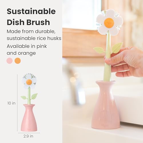 Vigar Florganic Dish Brush with Holder - Dish Scrubber with Handle for Dishes, Kitchen Sink Cleaning Brush, Pot Scrubber, Kitchen Scrub Brush, Dishwashing Brush Tool for Sink Cleaning - Pink - color: Pink