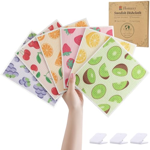 Homaxy Swedish Dishcloths for Kitchen, 6 Pack Fruit Reusable Paper Towels with Clips, Absorbent Cellulose Sponge Dish Cloths for Washing Dishes, Non-Scratch & Odor-Free Dish Rags - color: Fruit, size: 6 PACK
