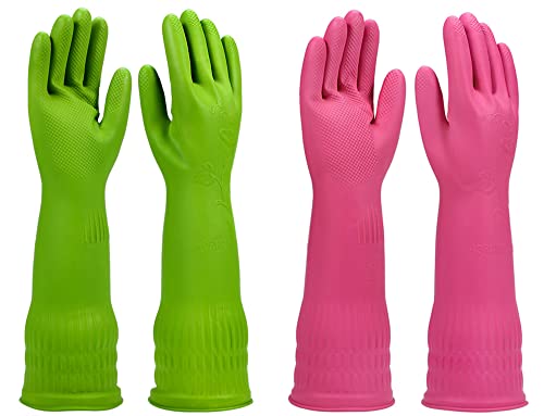 Dishwashing gloves 2 Pairs for kitchen,Rubber cleaning gloves,Long dish gloves reuseable. - color: Multicolor, size: Large (Pack of 2)