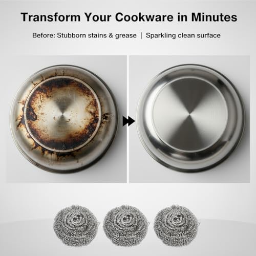6-Pack Stainless Steel Scourers Heavy Duty Scrubber Pads 6cm x 2.5cm Metal Scouring Pads for Kitchen Cookware Grills Pans Oven Rust-Resistant Multipurpose Cleaning Pads for Tough Grease Burnt On Food