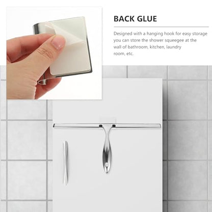 Glass Door Squeegee 14-inch Stainless Steel Shower Squeegee with Nail-Free Adhesive Hook Window Cleaning Tool for Bathroom and Car Windows