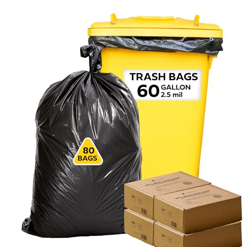 Lime Linen 60 Gallon Heavy Duty Contractor Xl Black Garbage Bags | Industrial, Construction & Yard Waste | Tear Resistant | 80 Pack, Extra Thick 2.5 Mil, Tie Bags, Interleaved On Roll Secure Closure - color: 60 Gallon, size: 1 Count (Pack of 80)
