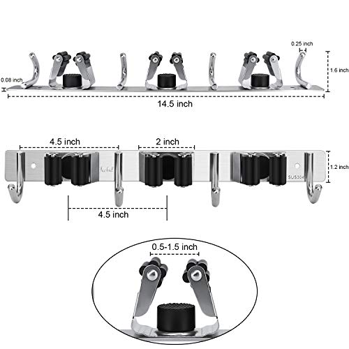 Broom Hanger Wall Mounted, 2PCS Mop and Broom Holder Wall Mount Garage Organization and Storage Stainless Steel Kitchen Tool Organizer Wall Hanger for Laundry Room Garden Garage Closet Kitchen