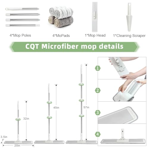 CQT Commercial Flat Microfiber Floor Mop Cleaning System 20" Inch Wet Dry and Dust Hardwood with 4 Washable Pads Cleaner for Laminate Tile Stainless Steel Handle and Extension (White)
