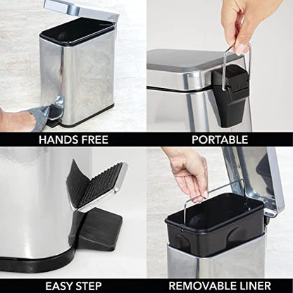 mDesign Small Modern 1.3 Gallon Rectangle Metal Lidded Step Trash Can, Compact Garbage Bin with Removable Liner Bucket and Handle for Bathroom, Kitchen, Craft Room, Office, Garage - Chrome - color: Chrome, size: 1.3 Gallon