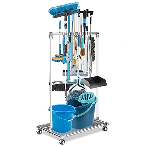 Broom Holder Organizer Movable Closet Storage Cabinet Mop Rack Floor Standing Cleaning Supplies Tool Cart For Garden Garage Schools Hotels Hospitals Factories Property Companies Restaurant (10 Racks)