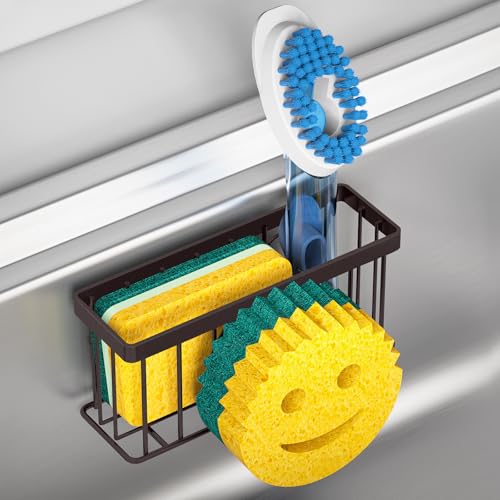 MURLONG Sponge Holder Smiley Face, Sink Caddy for Kitchen Sink, Sink Organizer Sponge Holder with 2 PCS Suction Cups/1 PCS Adhesive Strips, Designed for Sponge, Soap, Dish Brush, Scrubber-Bronze - color: Bronze
