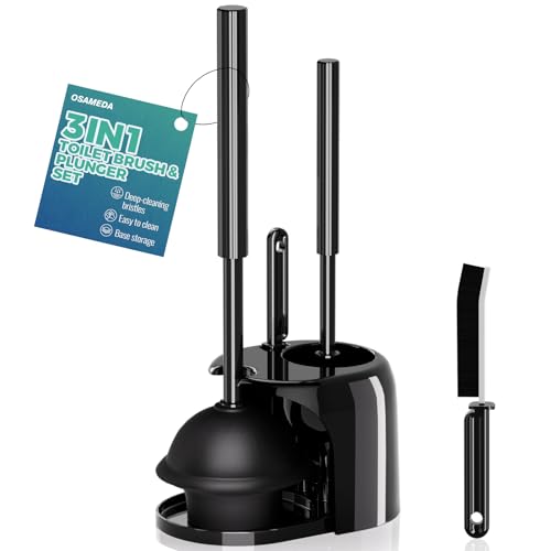 3 in 1 Toilet Brush and Plunger Set with Crevice Cleaning Brush, Toilet Plunger and Brush Set with Extra Long Handle, Plungers for Bathroom Accessories, Toilet Plunger with Holder, Black - color: Black, size: 1Pack