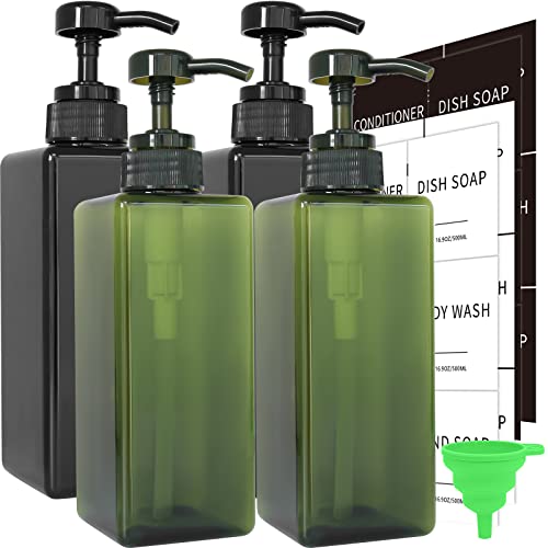 Soap Dispenser with Waterproof Labels, Thickened Plastic Hand Soap Dispenser for Bathroom, Kitchen Dish Washing Liquid Bottles, Shampoo and Conditioner Bottles with Funnel (16oz 4Pack Black Green) - color: 2 Black + 2 Green