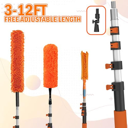 LAANPOLE 20FT Reach Ceiling Fan Cleaner Duster, Fan Blade Cleaner Kit with 3-12FT Extension Pole, Microfiber Duster & Replaceable Cleaning Cloth for Blades, Ceiling, Furniture - size: 12FT