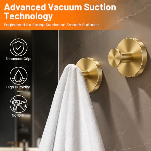 Upgraded Suction Cup Hooks for Shower, No-Drill Bathroom Hooks for Hanging Towels, Robes & Loofah - Mount on Kitchen Walls, Window, Glass, Mirror, Tile & Smooth Surfaces (2 Pack, Gold Tone) - color: Gold