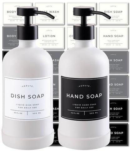 Hand and Dish Soap Dispenser for Kitchen and Bathroom, Set of 2 16 Oz Glass Bottles, Stainless Steel Pumps, Non-Slip Silicone Base, 27 Waterproof Labels (Matte White Bottle/Black Pump) - color: Matte White Bottle / Black Pump