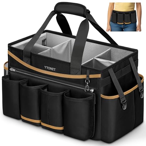 Ytonet Cleaning Caddy Bag with Detachable Apron, Extra Large Cleaning Supplies Organizer with Foldable Dividers, Portable Cleaner Tote with Handle, Cleaner Caddy for Housekeeper, Detailing Bag, Black - color: Black