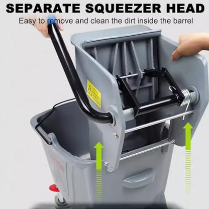 36L Commercial Cleaning Bucket, Compact Mop Bucket with Side Press Wheel Wringer with 4 Removable Wheels, Commercial Heavy Duty Floor Cleaning