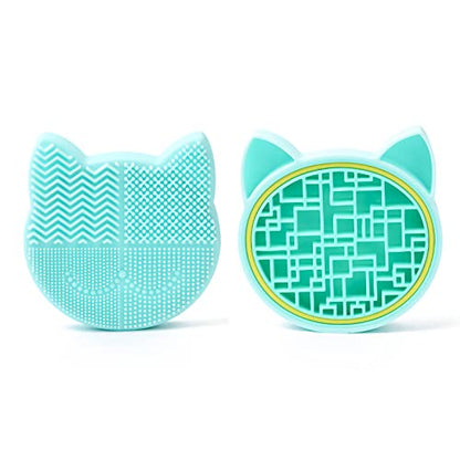 Silicon Makeup Brush Cleaner Mat with Portable Cat Shaped Cosmetic Brush Cleaning Pad Holder - Light Green - color: New Light Green
