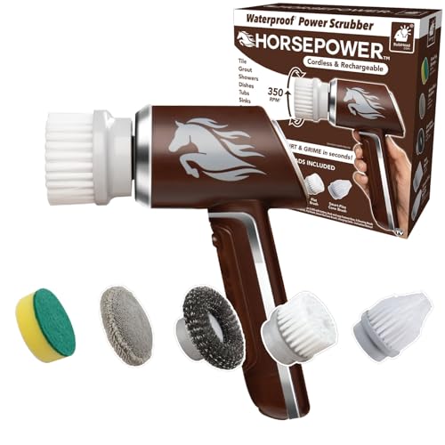 Horsepower Scrubber, Waterproof, Electric Power, Spins 350 RPM, 5 Brush Heads, AS SEEN ON TV, Cleans Dirt & Grime, Tile, Grout, Bathrooms, Kitchen, Auto Rims, Outdoor Furniture & More, Rechargeable - style: Regular Battery Life