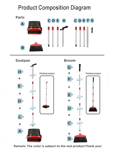 Broom and Dustpan Set, Stand Upright Windproof Dustpan, Long Handle Broom and Dustpan with Teeth for Home Kitchen Room Office Lobby Floor Cleaning (Black+Red)