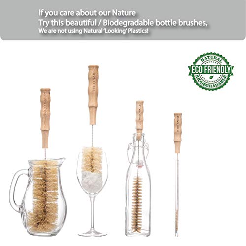 4 Pcs Bamboo Bottle Brush Set by HELLO NATURE – Long Handle Cleaning Brushes for Water Bottles, Baby Bottles & Glassware, Sustainable & Plastic-Free