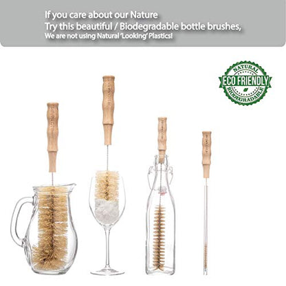 4 Pcs Bamboo Bottle Brush Set by HELLO NATURE – Long Handle Cleaning Brushes for Water Bottles, Baby Bottles & Glassware, Sustainable & Plastic-Free