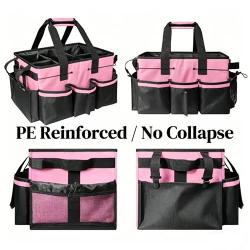 Wearable Cleaning Caddy Organizer with Handle & Adjustable Shoulder Strap 4 Foldable Compartments, Cleaning Supplies Caddy for Housekeepers, Car, Home, Hotel & Outdoor Cleaning Bag（Pink）