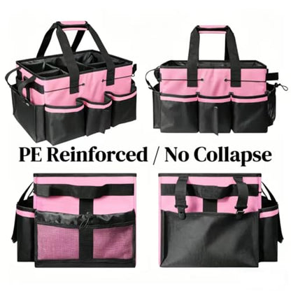 Wearable Cleaning Caddy Organizer with Handle & Adjustable Shoulder Strap 4 Foldable Compartments, Cleaning Supplies Caddy for Housekeepers, Car, Home, Hotel & Outdoor Cleaning Bag（Pink）
