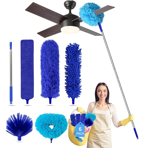 Tiumso Ceiling Fan Cleaner Dusters for Cleaning 6-in-1 Kit, Cobweb Duster with Extension Pole, 100 Inches High Ceiling Fan Blade Cleaners with 5 Reuseable Dusting Heads for Windows and Blinds- Blue - color: Light Blue
