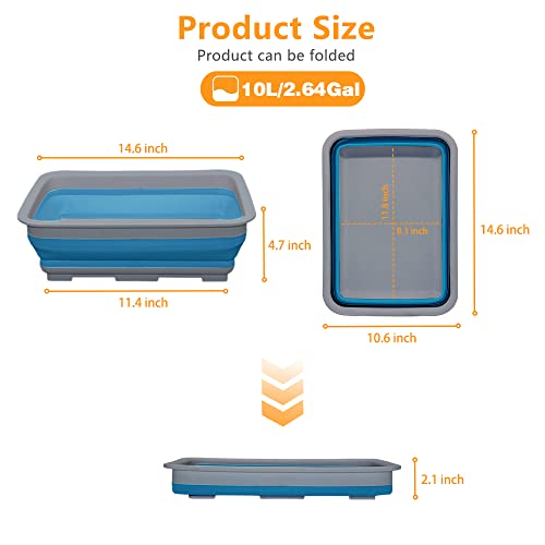 Goderewild Collapsible Dish Pans – 10L (2.6 Gal) Foldable Sink Tub, 14.5'' x 10.5'' x 5", Compact and Space-Saving Multiuse Foldable Basin for Dish Washing, Camping, RV and Vegetable Cleaning - color: Blue