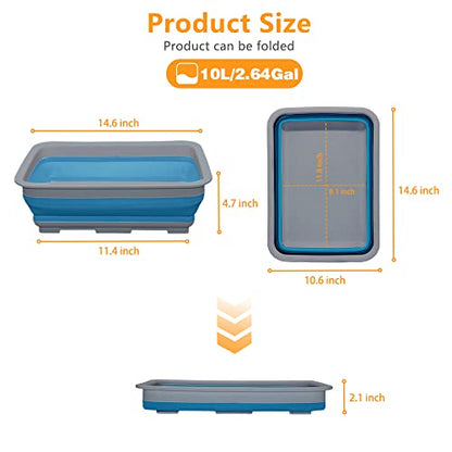 Goderewild Collapsible Dish Pans – 10L (2.6 Gal) Foldable Sink Tub, 14.5'' x 10.5'' x 5", Compact and Space-Saving Multiuse Foldable Basin for Dish Washing, Camping, RV and Vegetable Cleaning - color: Blue