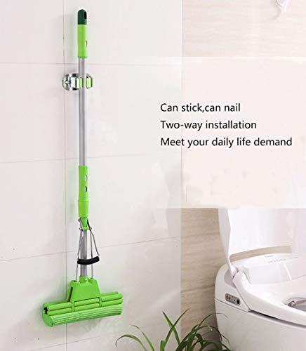 Stainless Steel Mop and Broom Holder, Dual-Purpose Wall Mounted Mop Broom Organizer with 2 Pcs 3M Self Adhesive and Double Screws,Bathroom Kitchen Organizer Rack with Spring Clip Design