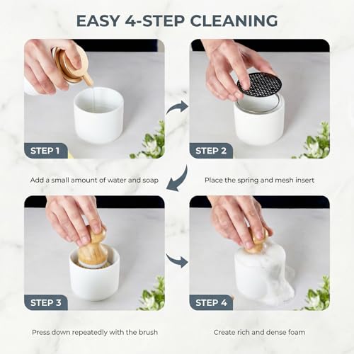 ONEMORE Bamboo Dish Brush with Ceramic Foaming Base, Kitchen Sink Scrub Brush Set with Spring and Mesh Insert, Wooden Handle Dishwashing Brush for Pots Pans Plates Bowls, White - color: White