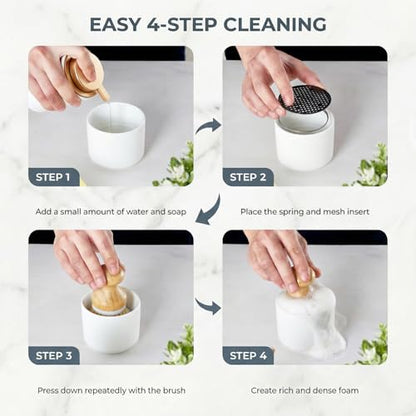 ONEMORE Bamboo Dish Brush with Ceramic Foaming Base, Kitchen Sink Scrub Brush Set with Spring and Mesh Insert, Wooden Handle Dishwashing Brush for Pots Pans Plates Bowls, White - color: White