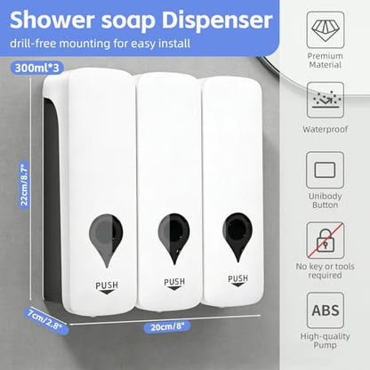 3 Pack Soap Dispenser Wall-Mounted, Bathroom Flip-Top Shampoo and Conditioner Dispenser Set 3x300ml, Shower Dispenser with Removable Bottle No Drill 3 Chamber Refillable Dispensers Kitchen Starry Gray - color: White 3-pack