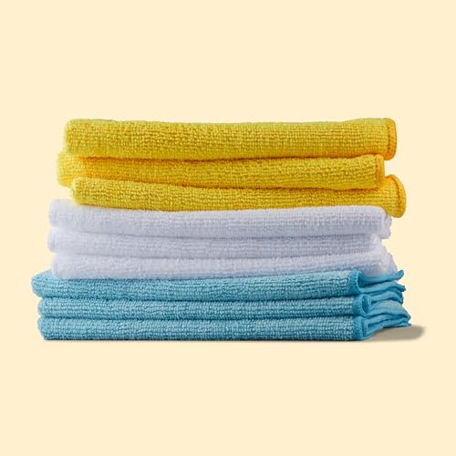 Amazon Basics Microfiber Cleaning Cloths, Ultra Absorbent, Lint Free, Streak Free, Non-Abrasive, Reusable and Washable, 16" x 12", Blue/White/Yellow, Pack of 24 - color: Blue/White/Yellow, size: 24-Pack