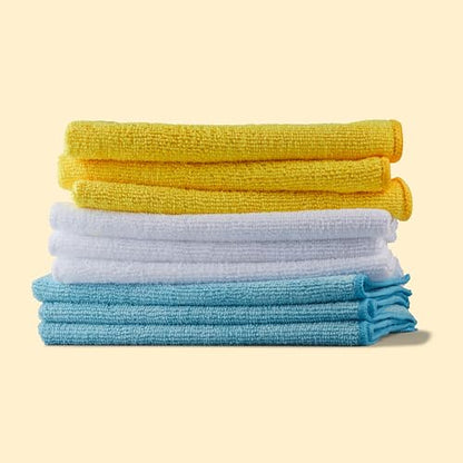 Amazon Basics Microfiber Cleaning Cloths, Ultra Absorbent, Lint Free, Streak Free, Non-Abrasive, Reusable and Washable, 16" x 12", Blue/White/Yellow, Pack of 24 - color: Blue/White/Yellow, size: 24-Pack