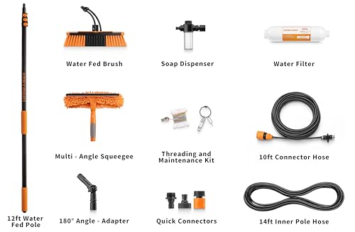 4-12 ft Water Fed Pole Window Cleaning System // Professional Telescopic Solar Panel Cleaning Equipment // Water Fed Brush with Upper Rinse Bar, 10" Squeegee, Water Filter, Soap Dispenser & Water Hose - size: 12 feet